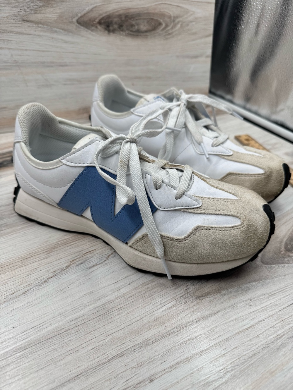 New Balance Kids White and Light Blue Retro Runner Sneakers